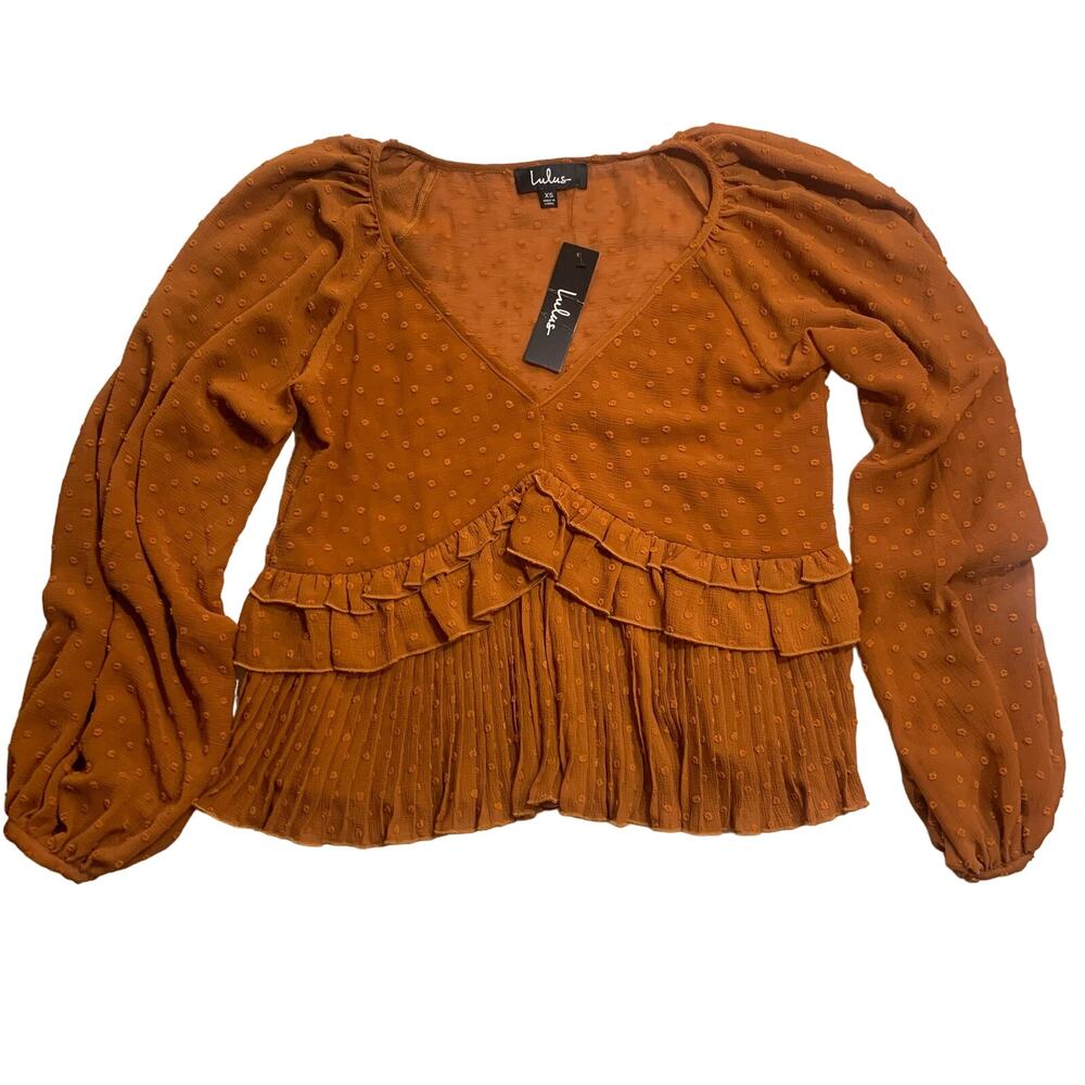 Lulus Rust Orange Swiss Dot Ruffle Top Size XS Long Sleeve Blouse NWT